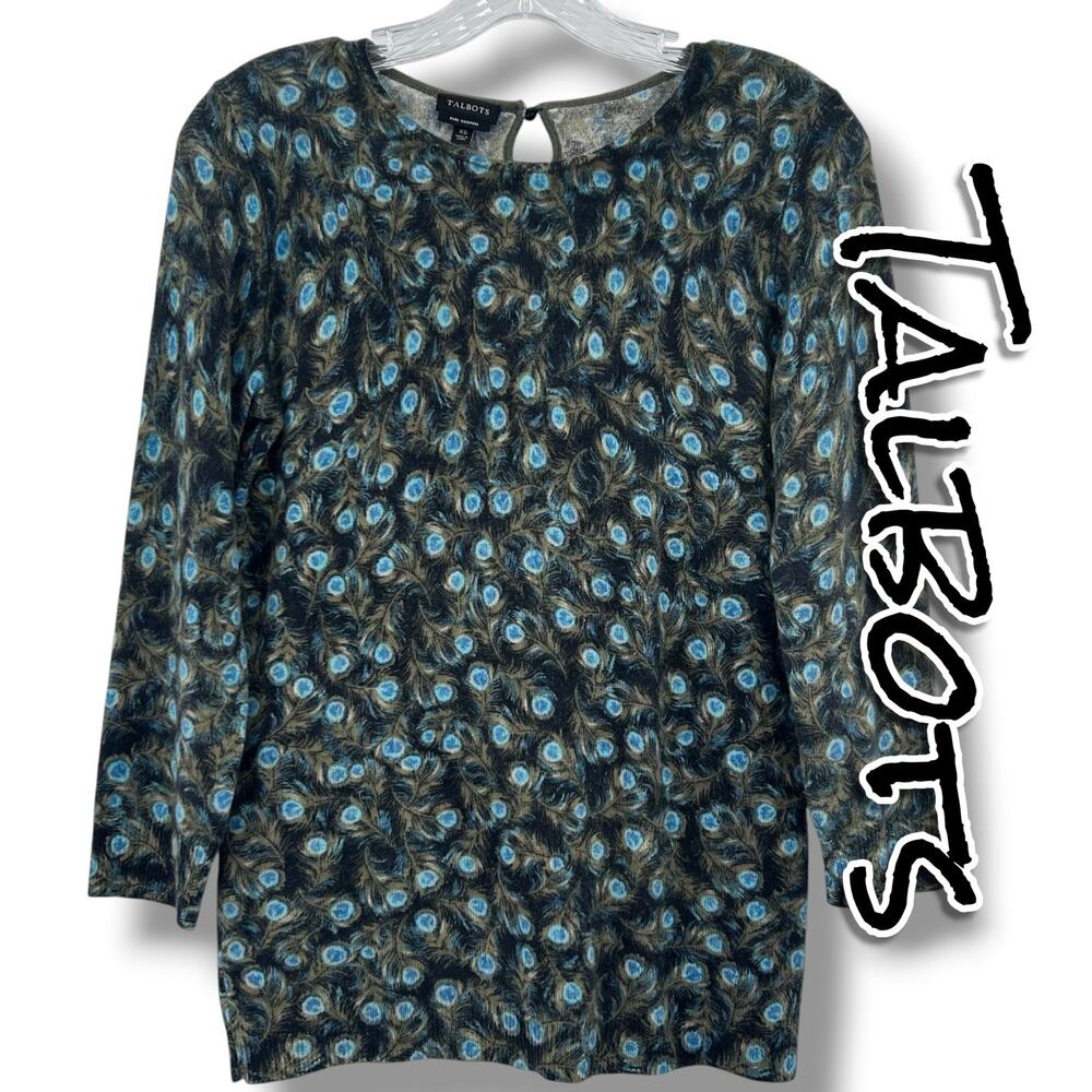 Talbots Audrey Cashmere Sweater XS Peacock Feather Print 100% Cashmere $199